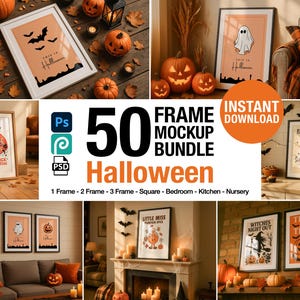 Può includere: Una collezione di mockup di arte incorniciata a tema Halloween. Le immagini presentano stampe incorniciate con pipistrelli, fantasmi e zucche. Il testo sui quadri recita "This is Halloween", "Trick or Treat" e "Halloween Party".