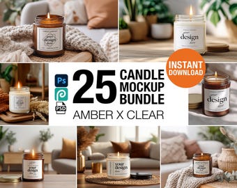 Kerze Mockup PSD Bundle Bernstein und klare Glas Smart-Objekt-Vorlagen