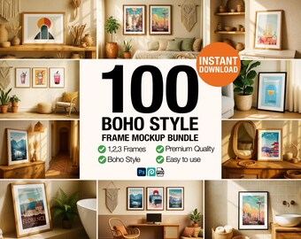 100 Frame Mockup Bundle PSD: Boho Style Interior Wall Art Display