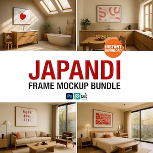 Horizontal Frame Mockup Bundle with 4 Japandi Interiors for Landscape Art Print Displays