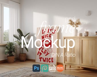 Poster Mockup PSD: Vertical Wooden Frame Picture PSD Template