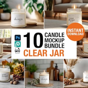 Op de afbeelding: Verschillende brandende kaarsen in doorzichtige potten, elk met een label met de tekst "your design here". De afbeelding bevat ook de tekst "10 CANDLE MOCKUP BUNDLE CLEAR JAR" en "INSTANT DOWNLOAD".