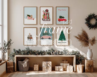 Maquette PSD de Noël à 6 cadres, plusieurs galeries d'art murales verticales en bois, modèle d'affichage d'affiche