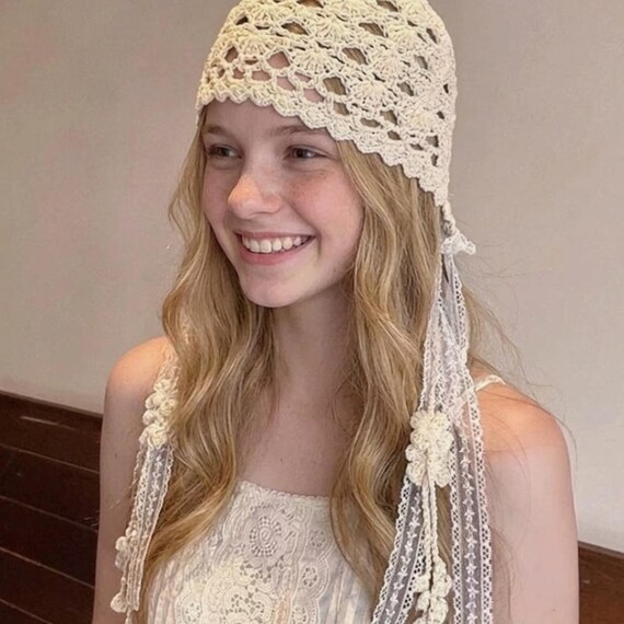 Boho Crochet Cap Brimmed Beanie Hat Women\'s Lace Ivory Knit Visor Casual Hippie Boho Crochet Cap Brimmed Beanie Hat Women main image 4