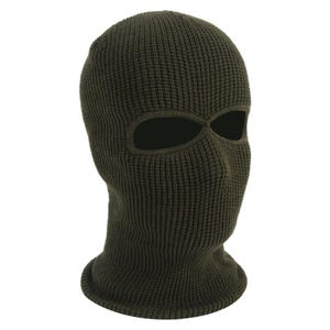K&ouml;nnte beinhalten: Olivgr&uuml;ne Strick-Balaclava mit Augen- und Mund&ouml;ffnungen. Die Kopfbedeckung besteht aus einem dicken, strukturierten Strickstoff. Die Sturmhaube bedeckt Kopf, Hals und einen Gro&szlig;teil des Gesichts.