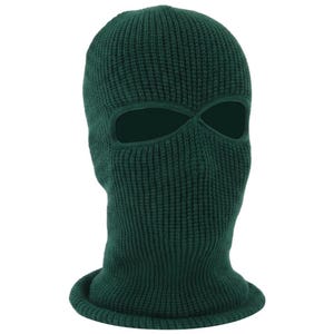 K&ouml;nnte beinhalten: Eine dunkelgr&uuml;ne Strick-Balaclava mit Augen- und Mund&ouml;ffnungen. Die Kopfbedeckung besteht aus einem Rippenstrickstoff und hat einen gerollten Saum am unteren Rand. Die Sturmhaube ist so konzipiert, dass sie Kopf, Hals und Gesicht bedeckt.