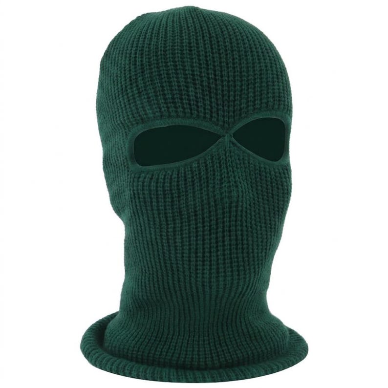 K&ouml;nnte beinhalten: Eine dunkelgr&uuml;ne Strick-Balaclava mit Augen- und Mund&ouml;ffnungen. Die Kopfbedeckung besteht aus einem Rippenstrickstoff und hat einen gerollten Saum am unteren Rand. Die Sturmhaube ist so konzipiert, dass sie Kopf, Hals und Gesicht bedeckt.