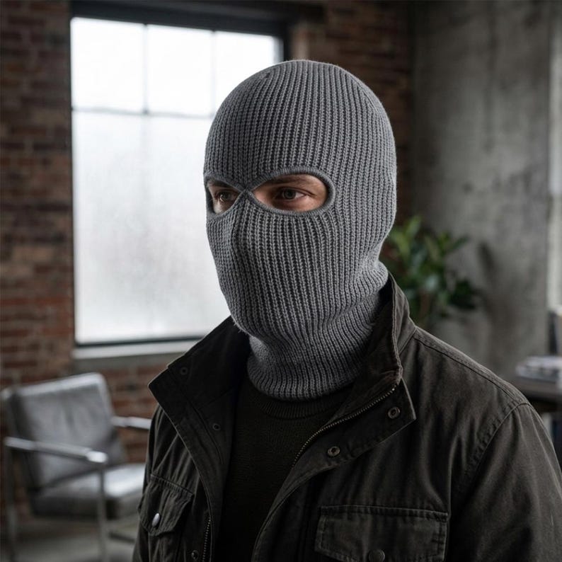 K&ouml;nnte beinhalten: Eine graue Strick-Balaclava mit Augen- und Mund&ouml;ffnungen. Die Sturmhaube bedeckt Kopf und Hals und wird mit einer dunklen Jacke und einem Pullover getragen. Die gerippte Strickstruktur ist sichtbar. Der Hintergrund umfasst eine Backsteinmauer und ein Fenster.