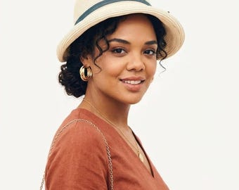 Damen französischer Strohhut - faltbarer UV Sonnenschutz Strand Fedora Cloche (Sommer)