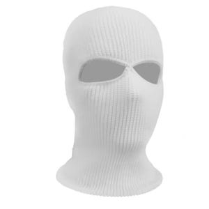 K&ouml;nnte beinhalten: Eine wei&szlig;e Strick-Balaclava mit Augen- und Mund&ouml;ffnungen. Die Kopfbedeckung besteht aus einem Rippenstrickstoff. Die Sturmhaube ist so konzipiert, dass sie Kopf und Hals bedeckt.