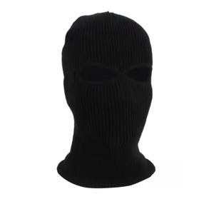 K&ouml;nnte beinhalten: Eine schwarze Strick-Balaclava mit Augen- und Mund&ouml;ffnungen. Die Kopfbedeckung besteht aus einem Rippstrickstoff und ist so konzipiert, dass sie Kopf und Hals bedeckt. Die Sturmhaube ist einfarbig schwarz.