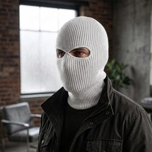 K&ouml;nnte beinhalten: Eine hellgraue Strick-Balaclava mit Augen- und Mund&ouml;ffnungen. Die Kopfbedeckung besteht aus einem Rippenstrickstoff. Die Person tr&auml;gt ein dunkelgr&uuml;nes Hemd und eine dunkle Jacke.