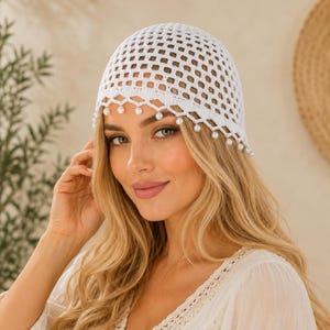 Lightweight Handmade Crochet Beanie Hat with Pearl Trim Boho Cap Pearl Trim Summer Hat Women main image 2