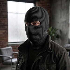 K&ouml;nnte beinhalten: Eine schwarze Strick-Balaclava mit Augen- und Mund&ouml;ffnungen. Die Kopfbedeckung wird von einer Person getragen, mit einer dunklen Jacke und einem Rollkragenpullover. Der Hintergrund umfasst eine Backsteinmauer und ein Fenster.