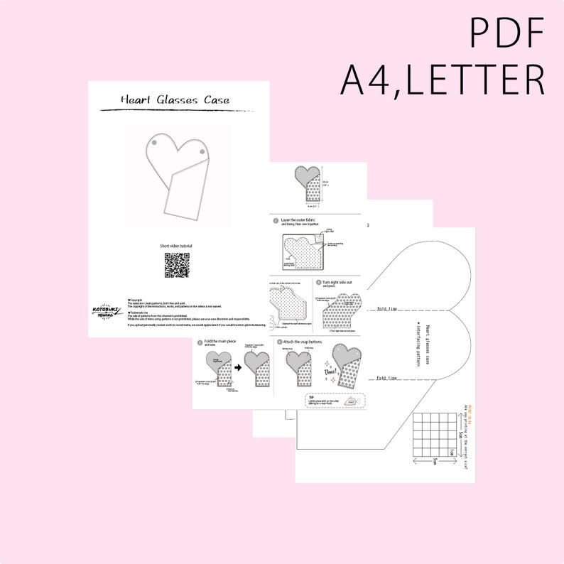 May include: A digital sewing pattern for a heart-shaped glasses case in PDF format for A4 and Letter paper. The document includes instructional diagrams, a QR code for a video tutorial, and a printable template with a 5cm by 5cm scale grid.