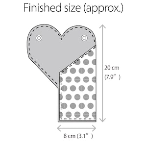 May include: A heart-shaped pattern piece with a polka dot section, featuring the text Finished size (approx.). The diagram indicates a height of 7.9 inches and a width of 3.1 inches, with two small circular eyelets visible at the top of the heart.