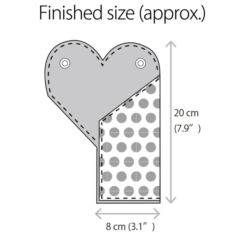 May include: A heart-shaped pattern piece with a polka dot section, featuring the text Finished size (approx.). The diagram indicates a height of 7.9 inches and a width of 3.1 inches, with two small circular eyelets visible at the top of the heart.