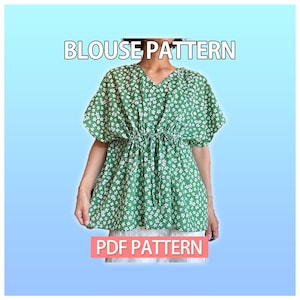 May include: A green blouse with a white floral pattern and a V-neck. The blouse has short sleeves and a drawstring waist. The text "BLOUSE PATTERN" and "PDF PATTERN" are displayed on the image.