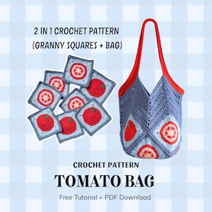 May include: A 2-in-1 crochet pattern featuring granny squares and a bag. The text reads 2 IN 1 CROCHET PATTERN (GRANNY SQUARES + BAG) and CROCHET PATTERN TOMATO BAG Free Tutorial + PDF Download. The bag is blue with red tomato motifs and red straps.