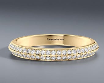 14k Gelbgold tägliche Abnutzungsband, 1,80 mm jede runde Brilliant Cut Labor gewachsene Diamant Jubiläumsband, zierliche zweireihige Micro Pave Set Band