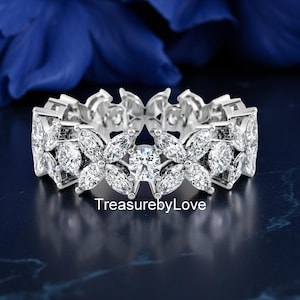 14k White Gold Proposal Band, Floral-Inspired Marquise And Round Cut Lab Grown Diamond Anniversary Band, Full Eternity Diamond Stacking Band