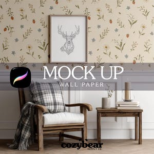 May include: An interior scene with a wooden armchair, plaid cushion, and blanket. A framed deer sketch is on floral wallpaper. A small wooden table holds books and a candle. The text "MOCK UP WALL PAPER" is displayed.