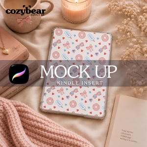 May include: A clear Kindle insert featuring a repeating pattern of pink donuts, light blue popsicles, pink bows, and small red hearts on a white background. The insert is rectangular with rounded corners and is displayed as a flat, thin graphic sheet.