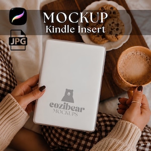 May include: A white Kindle insert mockup featuring a gray bear icon and the text 'cozibear MOCKUPS' in the center. The digital file includes a Procreate icon and a JPG icon, with text overlays reading 'MOCKUP' and 'Kindle Insert' at the top of the image.