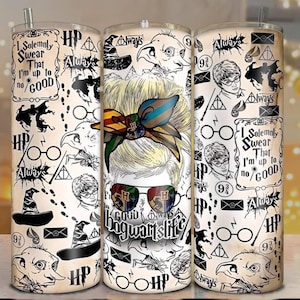 May include: Three stainless steel tumblers with a cream background and black Harry Potter-themed graphics. The tumblers feature quotes, character illustrations, and the text "hogwartslife". Each tumbler has a silver straw.