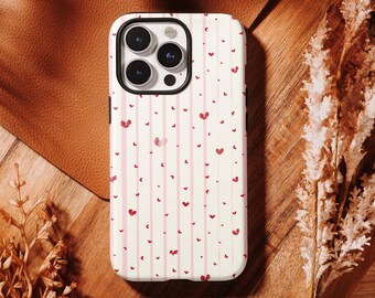 Pink Stripe Red Heart Scatter Phone Case - Coquette Girly Valentine Cover,iPhone 17 16, 15, 14, 13, 12, 11 Pro Max ,Samsung S25 S24 S23 S22