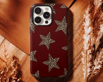 Dark Burgundy Star and Leopard Print Phone Case, Y2K Phone Cover,  iPhone 17 16, 15, 14, 13, 12, 11 Pro Max ,Samsung S25 S24 S23 S22 Ultra