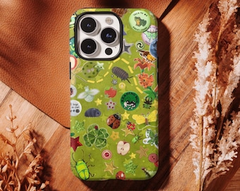 Funda con collage de insectos verdes, funda Naturecore con diseño de rana, mariquita y otros insectos, compatible con iPhone 17, 16, 15, 14, 13, 12, 11 Pro Max y Samsung S25, S24, S23 y S22 Ultra.