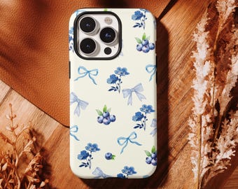 Chic Blue Bow & Berry Print Case - Retro Enchanting Cover, For iPhone 17 16, 15, 14, 13, 12, 11 Pro Max ,Samsung S25 S24 S23 S22 Ultra