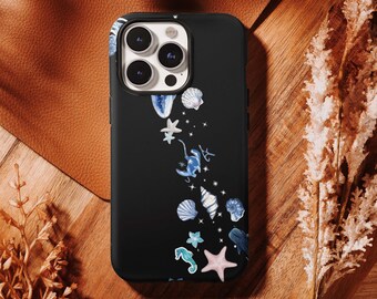 Funda negra Celestial Seashell, funda Ocean Night con estrellas de mar y caballitos de mar, para iPhone 17, 16, 15, 14, 13, 12, 11 Pro Max y Samsung S25, S24, S23 y S22 Ultra.