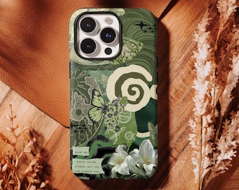 Coque de téléphone verte avec collage botanique - Inspiration bohème pour iPhone 17, 16, 15, 14, 13, 12, 11 Pro Max, Samsung S25 S24 S23 S22 Ultra
