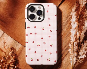 Pink Gingham Cherry Bow Floral Phone Case - Coquette Girly Preppy Cover,iPhone 17 16, 15, 14, 13, 12, 11 Pro Max ,Samsung S25 S24 S23 S22