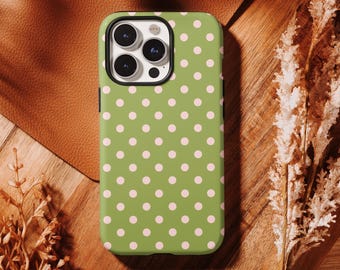 Olive green with pink polka dots Case,Retro sweet,Simple and cute,iPhone 17 16, 15, 14, 13, 12, 11 Pro Max ,Samsung S25 S24 S23 S22 Ultra
