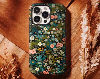 Vibrant Wildflower Meadow Phone Case - Cottagecore Teal Floral Cover,iPhone 17 16, 15, 14, 13, 12, 11 Pro Max ,Samsung S25 S24 S23 S22 Ultra
