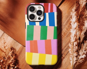Colorful Geometric Striped Case,Bold Multicolor Block,Retro Abstract iPhone 17 16, 15, 14, 13, 12, 11 Pro Max ,Samsung S25 S24 S23 S22 Ultra