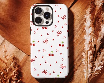 Funda para teléfono con lazo de cereza blanco y rojo - Funda retro dulce compatible con iPhone 17, 16, 15, 14, 13, 12, 11 Pro Max, Samsung S25, S24, S23, S22 Ultra