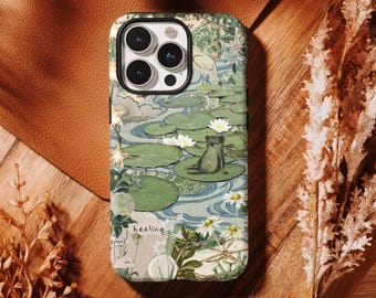 Funda de teléfono vintage con collage de ranas en un estanque, con un diseño de ranas caprichosas para iPhone 17, 16, 15, 14, 13, 12, 11 Pro Max y Samsung S25, S24, S23 y S22 Ultra.