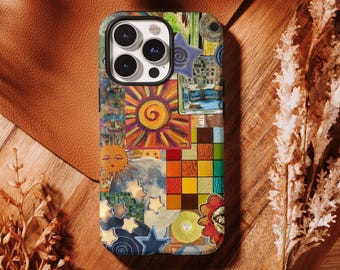 Funda retro psicodélica con collage de sol y luna, estética hippie única, para iPhone 17, 16, 15, 14, 13, 12, 11 Pro Max, Samsung S25, S24, S23 y S22 Ultra