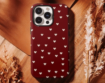 Funda de teléfono con corazón burdeos y blanco - Retro Sweet Cover compatible con iPhone 17, 16, 15, 14, 13, 12, 11 Pro Max, Samsung S25, S24, S23, S22 Ultra