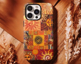 Vintage Sonnen Collage Patchwork Handyhülle - Boho Celestial Cover, iPhone 17 16 15 14 13 12 11 Pro Max, Samsung S25 S24 S23 S22 Ultra