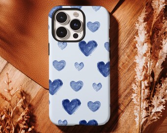 Funda con corazones de acuarela azul, pintada a mano, romántica y artística, para iPhone 17, 16, 15, 14, 13, 12, 11 Pro Max, Samsung S25, S24, S23, S22 Ultra