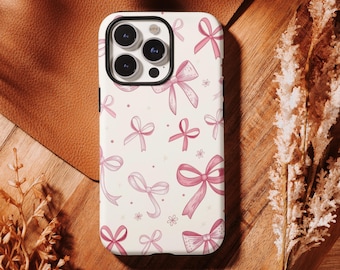 ソフトピンクのコケットスマホケース、プレッピーなリボン柄ケース、ソフトガール風デザイン、iPhone 17 16、15、14、13、12、11 Pro Max、Samsung S25 S24 S23 S22 Ultra