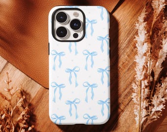 Coquette blauwe strikken esthetiek telefoonhoesje, babyblauwe strikken, voor iPhone 17 16, 15, 14, 13, 12, 11 Pro Max, Samsung S25 S24 S23 S22 Ultra