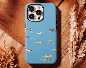 Funda para teléfono con adorables perros nadando - Funda veraniega azul caprichosa para iPhone 17 16, 15, 14, 13, 12, 11 Pro Max, Samsung S25 S24 S23 S22 Ultra