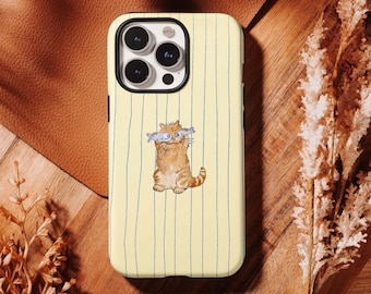 Yellow & Blue Stripe Cat with Fish Eyes Case - Retro Funny Cover,iPhone 17 16, 15, 14, 13, 12, 11 Pro Max ,Samsung S25 S24 S23 S22 Ultra