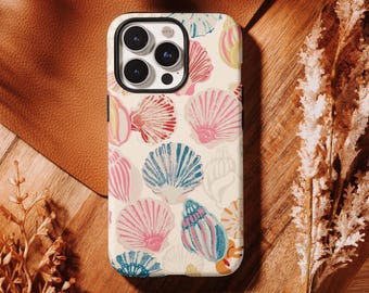 Vintage Seashell Pattern Phone Case, Beachy Tropical Phone Case, , iPhone 17 16, 15, 14, 13, 12, 11 Pro Max ,Samsung S25 S24 S23 S22 Ultra